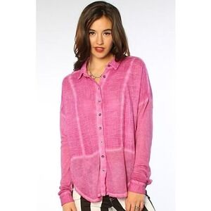 Free People Cotton Bohemian Chic Cottagecore Hot Pink Button down Shirt sz M